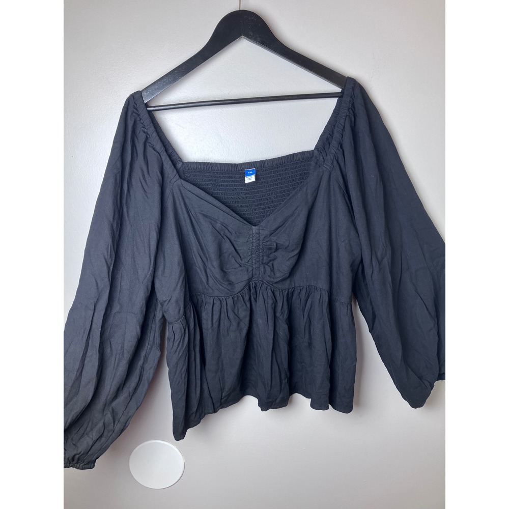 Old Navy Womens XXL Black Long Sleeve Smocked Peplum Blouse Square Neck Top